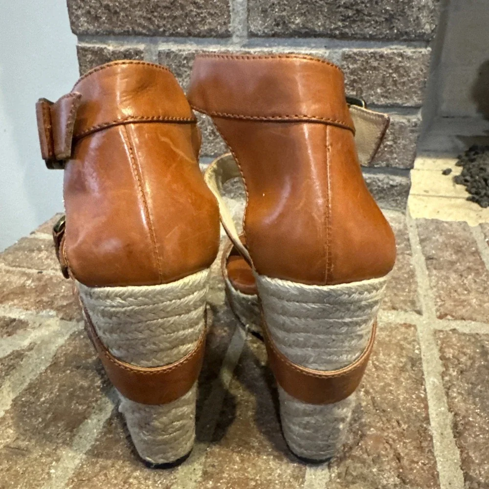 Brian Atwood Wedge Espadrille Leather Sandals‎ Size 9 40EU #286